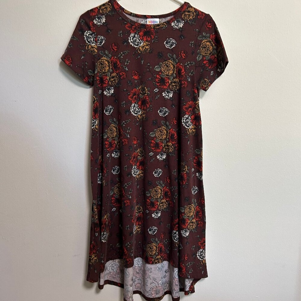 LuLaRoe Carly High Low Dress Burgundy Flowers Sz XS EUC Casual Cap Sleeve